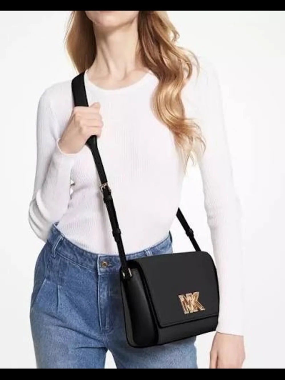 Michael Kors Black Leather Crossbody with Gold MK Emblem - Picture 2 of 2
